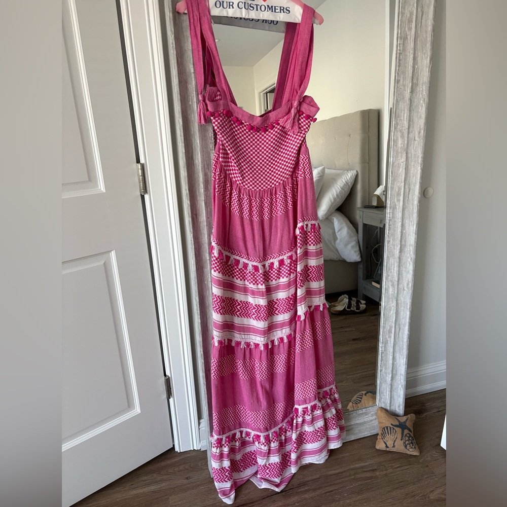 Crown & Ivy Pink and White Checker Maxi Dress with Pom Pom Trim